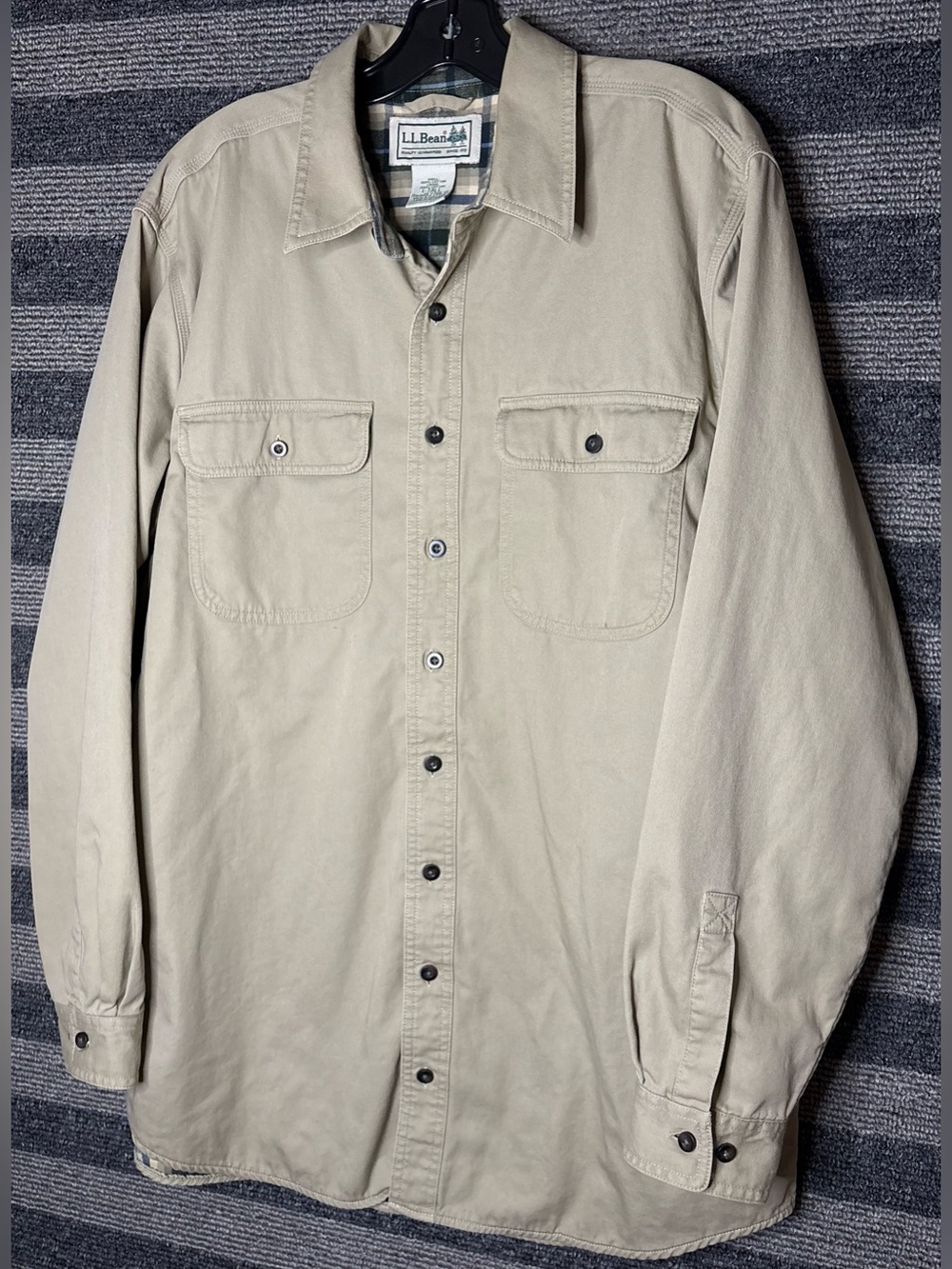 L.L. Bean Men's Flannel Lined Hurricane Tan Button Up Shirt Large Long EUC